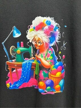 Just My Size Black Tee with Colorful Sewing Granny Graphic 2x long sleeve